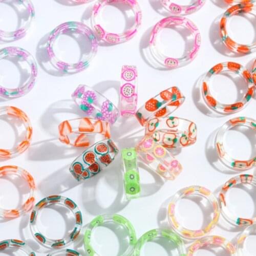2021 Korea Colorful Transparent Fruit Specimen Rings Metal Geometric Irregular Rings for Women Girls Wedding Jewelry Ring Set