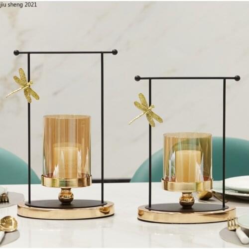 Nordic Luxury Metal Candle Holder Dragonfly Glass Candle Container Dining Table Romantic Candle Light Dinner Aroma Candle Holder