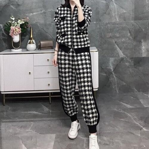 New Houndstooth Plaid Knitted Two Pieces Set Women Knit Cardigan Zipper Jacket Coat Pocket Harem Pant Suit Outfits Pants Sets