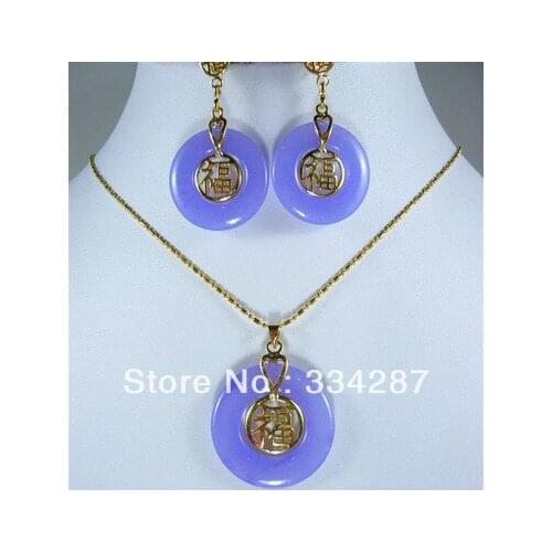 Charming purple green stone bless happiness long life earring & pendant set