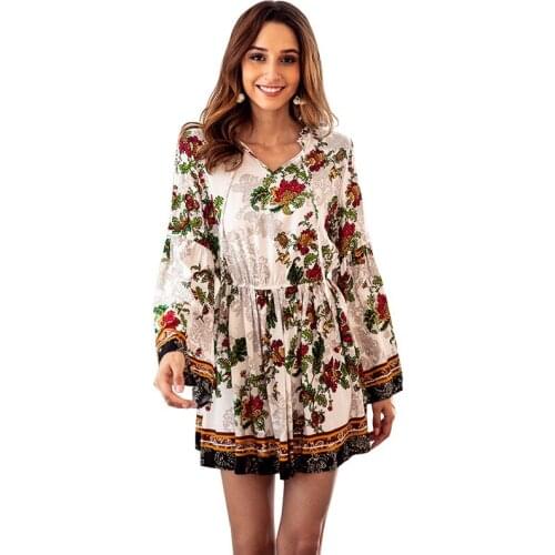 2018 Autumn New Pattern Suit-dress Rayon Printing Long Sleeve V Lead Degree Of Tightness Waist On Vacation Wind Dress