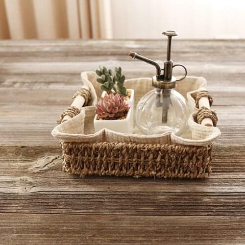Hand-Woven Wicker Basket Storage Tray with Handle Desktop Display Box Organizer for Bread Fruit Snack Food Breakfast