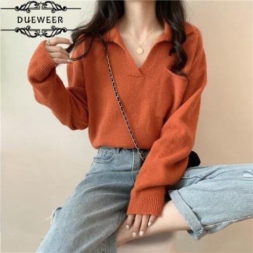 Pullovers Knitted Sweater Women Solid V-Neck Slim Trendy Females Leisure Chic Elegant Loose Long Sleeve Korean Style Outwear