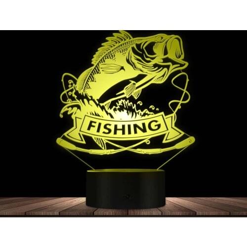 Fishing Bass Fish 3D LED Night Light Fish With Rod Fishing Club Sleepy Lamp Fisherman Bedroom Decorative Lighting Table Lamp