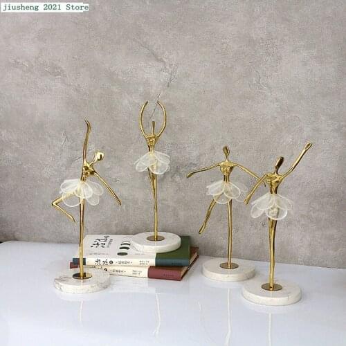 Modern Metal Sculpture Light Luxury Copper Marble Base Ornaments Ballet Girl Living Room Home Housewarming Wedding Accessories