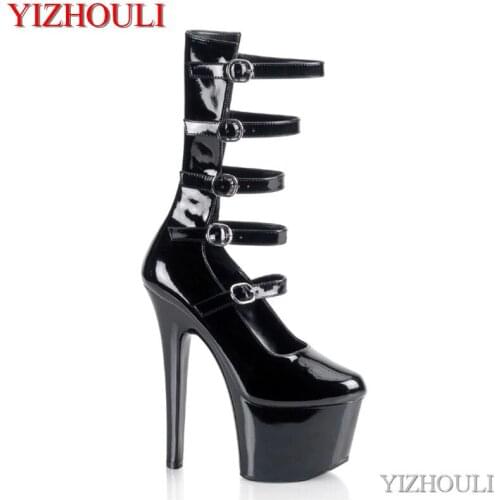 High heels with buckled 17cm glossy lacquered upper, low boots for banquet, 7in high heels, catwalk for stage models, ankle boot