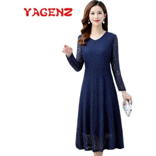 YAGENZ Spring Clothes Dress Women Long sleeve Plus size Lace Dresses Casual V-neck Fashion Vestidos Woman Dress Ropa Mujer 728
