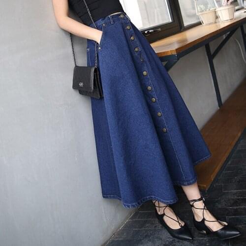 Skirts Women Denim Women Solid Color Long Skirt High Waist Feminina Big Hem Casual Zipper Button Fashion Korean Preppy Style
