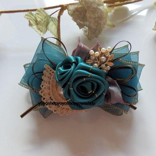 BLUE rose handmade yarn pearl bow hair clip Classical flower Hair accessories F118