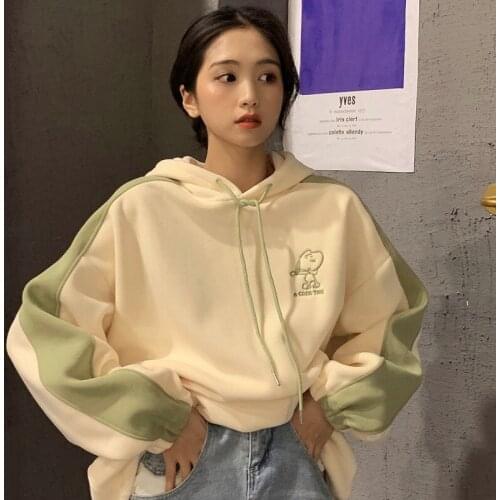 Long-sleeved Plush Sweatshirt Womens Loose Printed Stitching Casual Plush Hoodie Harajuku Style All-match Wm