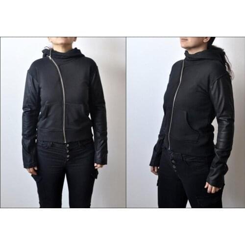 Dark Moutain Women Assimetric Zip Collar Cotton Fleece Hoodie Leather Sleeves Sweatshirt