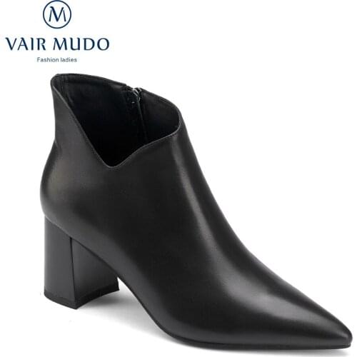 VAIR MUDO Women Ankle Chelsea Boots Shoes High Heels Pointed Toe Elegant Fashion Concise Genuine Leather Adult Worker WM-X161-C