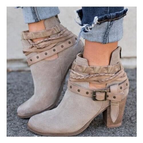 New Women Boots Spring Autumn High Heels Shoes Female Rivet Buckle Daily Shoes Short Boots PU Leather Ankle Boots v87