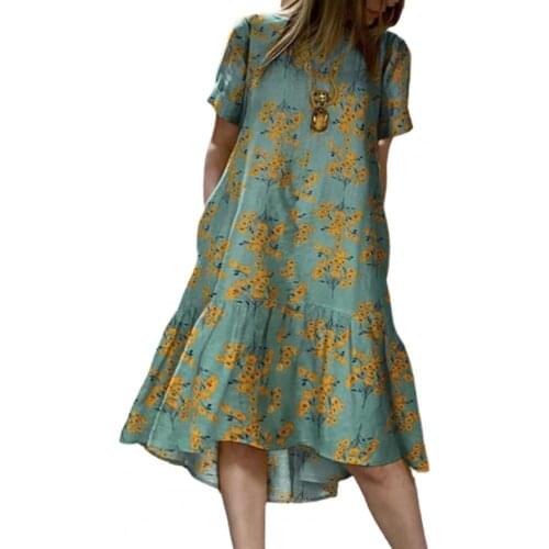 Summer Women Short Sleeve Beach Dress Floral Print Skin-friendly Ruffle Hem O Neck Midi Dress Beachwear Large Hem Loose Dress