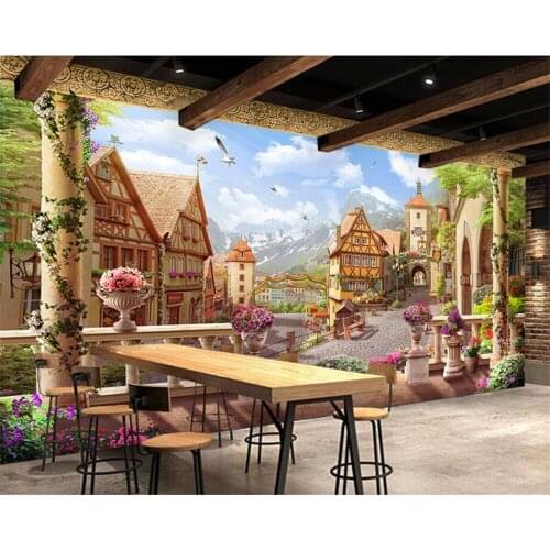 Beibehang Custom Wallpaper Roman column Rose Town Garden Coffee Cafe Background Wall wall paper home decor 3d wallpaper mural