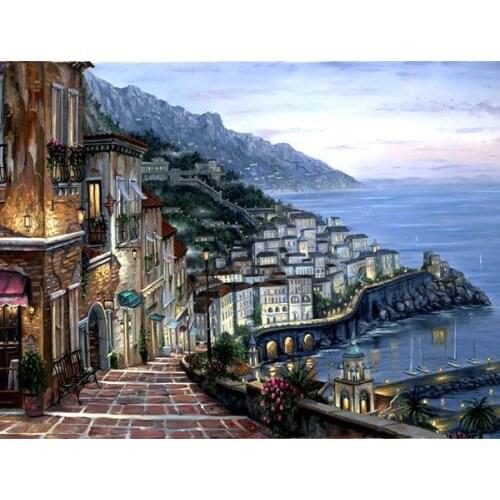 Free shipping Mediterranean Seaside building night lights scenery oil painting canvas prints on canvas art decoration picture