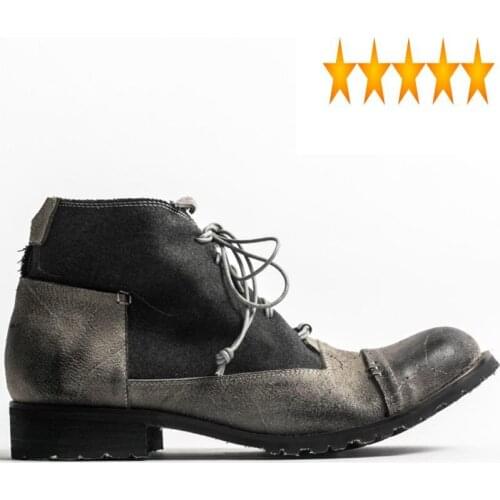Patchwork Cowhide Shoes Men Vintage Luxury Designer Lace Up Work Ankle Retro Genuine Leather Flat With Motorcycle Boots