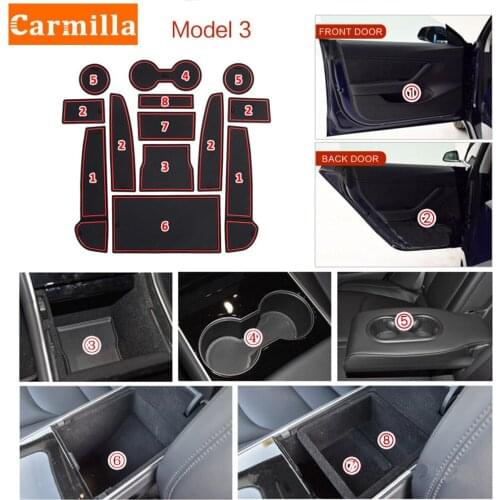 Carmilla Car Door Groove Mat for Tesla Model 3 2016-2020 Interior Non-slip Doors Groove Pad Cup Holder Pad Non-slip Accessories