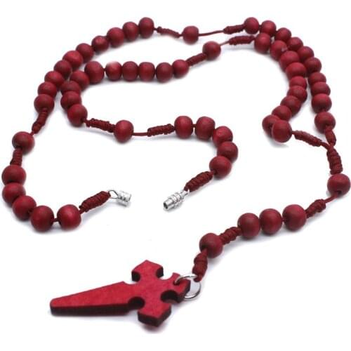 Jesus Wooden Prayer Beads 6mm Rosary Cross Necklace Pendant Woven Rope Chain Jewelry Accessories QX2E
