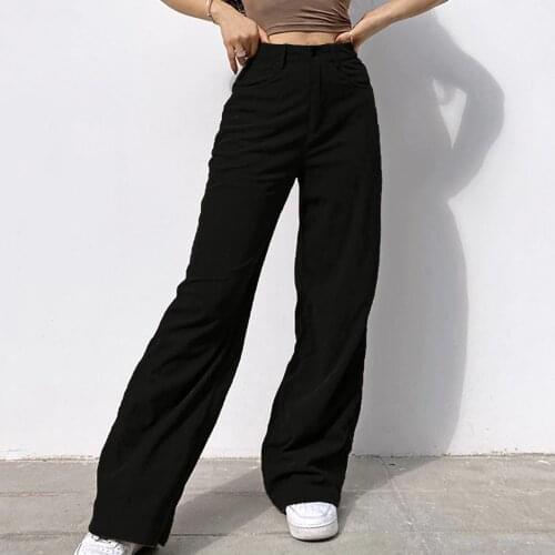 2021 Woman High Waist Jeans Retro White Black Jeans Women’s Solid Mid Waisted Wide Leg Pants Straight Casual Baggy Trousers
