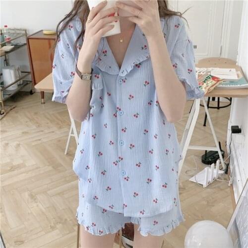 Sweet cherry pajamas set women sleepwear 2 piece set cotton home suit clothes turn down collar top elastic waist shorts Y634