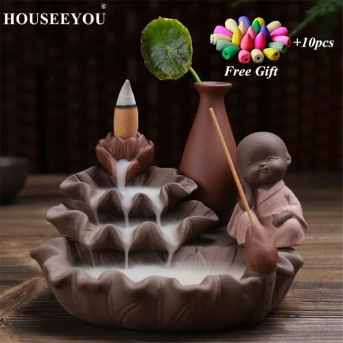 10Pcs Incense Cones + Zen Lotus Pond Little Monk Backflow Incense Burner Stick Holder Hand Aroma Crafts Waterfall Censer Spices