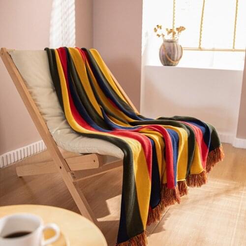 North American Style Fashion Striped Fringed Cotton Knitted Blanket Shawl Blanket Home Air Conditioning Sofa Travel Blanket