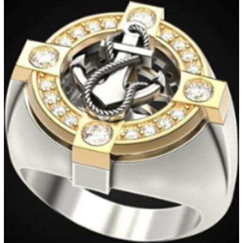 Vintage Gold Silver Color Cross Anchor Mens Ring Luxury White Zircon Crystal Wedding Rings for Men Women Boho Jewelry 2020