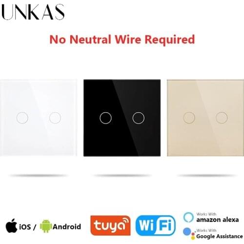UNKAS 2 Gang Wifi Touch EU Wall Switch No Neutral Wire Required Smart Light 220V Glass Panel Tuya Alexa Google Home Outlet