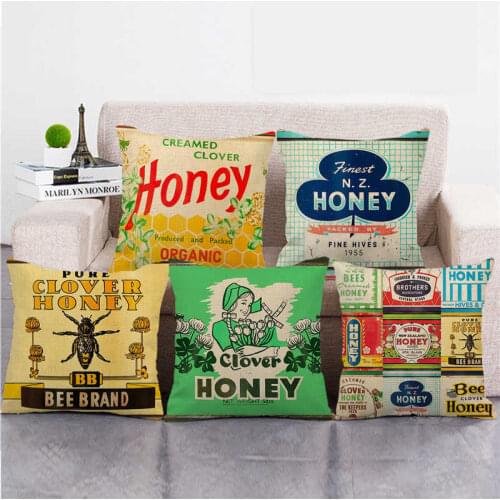 45cm*45cm Creative Bee Clover Honey Illustration Linen/Cotton Throw Pillow Covers Couch Cushion Cover Home Decor Pillowcase