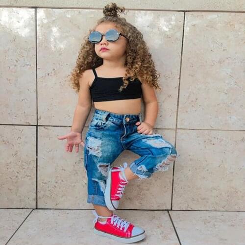 New childrens clothing solid color sling striped top + European and American style hole open bag jeans kids suit
