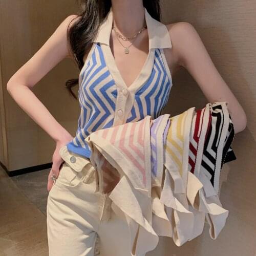 Sexy Women Striped Tank Tops Knitted Halter Collar Sleeveless Shirts Backless Camisole