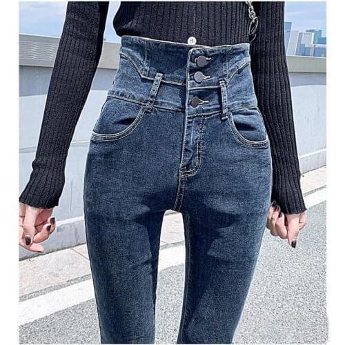 Korean Fashion High Waist Button Denim Pants Skinny Elastic All-Match Women Pencil Pants Spring Autumn Plus Size Jeans Trousers