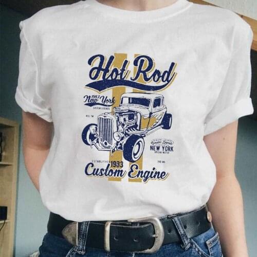 Vintage 90s Hot Rod Car Womens T Shirt Aesthetic Harajuku Cotton Short Sleeve Summer Graphic Tee Casual Streetwear For Female
