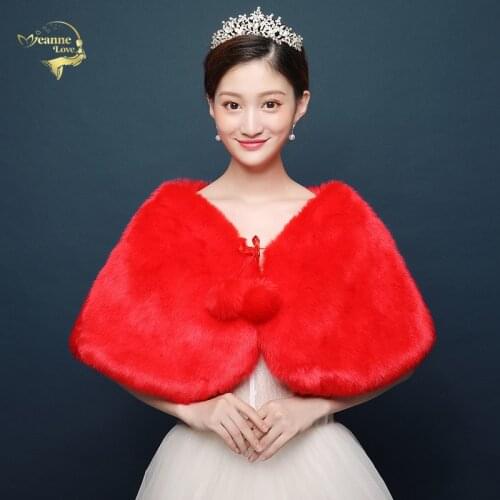 Women Faux Fur Stoles Cape For Wedding Dress Shrug for Bridal Evening Party Red Fur Shawl Wrap Winter Bride Wedding Cover Up