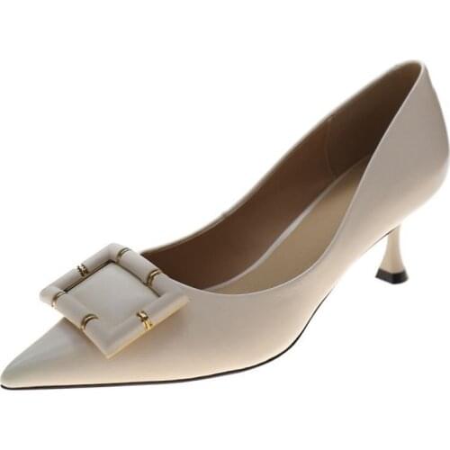 2021 Spring Top Layer Cowhide High Heels Women Square Buckle Pointed Head and Light Mouth Fashion Single Shoes