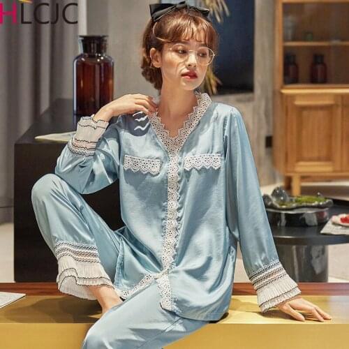 Womens Suit Silk Satin Pajamas Set Long Sleeve Trouser Suits V-neck Princess Lace Sleepwear Loungewear Shorts Female Pyjamas