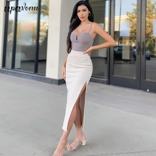 Free Shipping 2021 Summer Color Blocking Bandage Dress Women Sexy Spaghetti Strap V-neck Sleeveless Club Party Split Midi Dress
