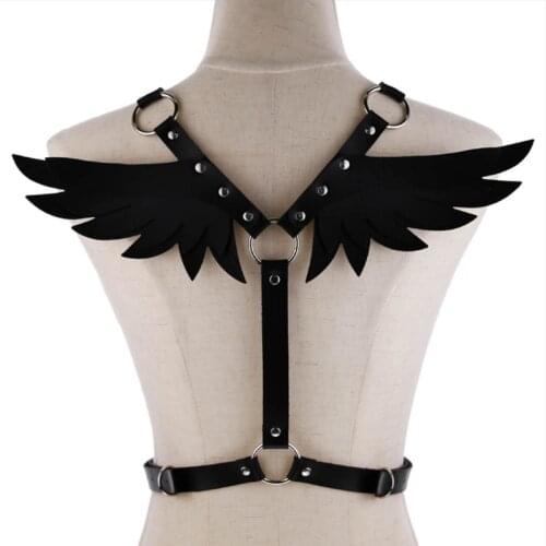 1X Black Angel Wings Leather Harness Cage Bra Belt Lingerie Fetish Womens Body Sexy Tops Caged Bralette Punk Goth Dance Unde