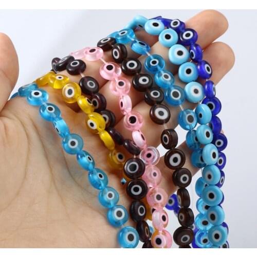 8mm Multicolor Lampwork Glass Religious Millefiori Beads Flat Round Eye Loose Beads DIY Jewelry,1Strand (Approx 48PCs/Strand)