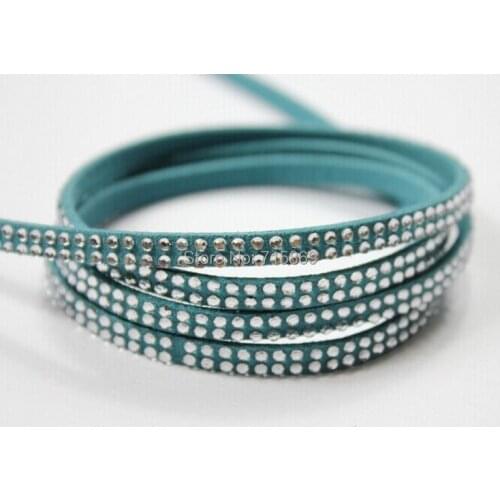 Free Ship 100 Meterse Silver Rivet Teal 5mm*1.5mm Royal Blue Flat Faux Suede Leather Cord With Two Lines Silver Studs