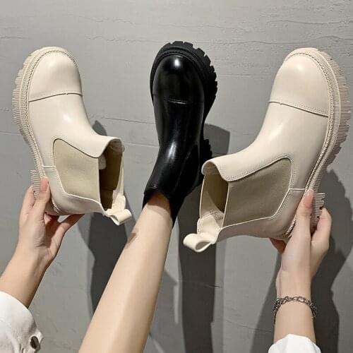 Lolita Boots Women Shoes Autumn Clogs Platform Chelsea Round Toe Rubber Rock Med Ladies Ankle PU Slip-On Solid Microfiber Basic