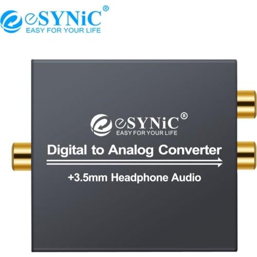 ESYNiC 3.5mm Jack Digital to Analog Audio Converter Coax Coaxial Optical Toslink to RCA R/L DAC Aluminum Adapter Support 96 KHz