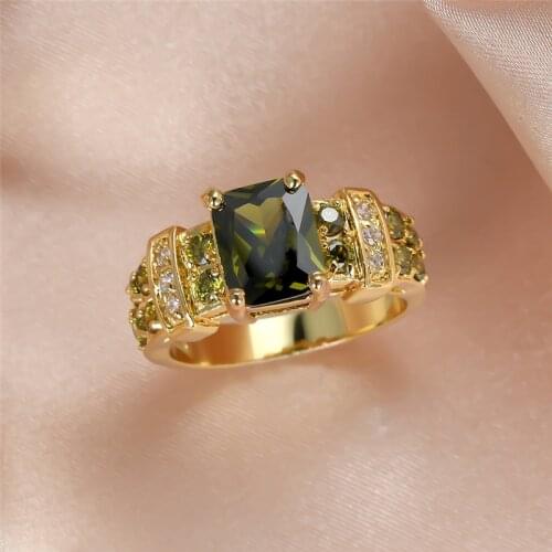 Vintage Female Olive Green Crystal Jewelry Charm Gold Color Wedding Rings For Women Luxury Square Zircon Stone Engagement Ring