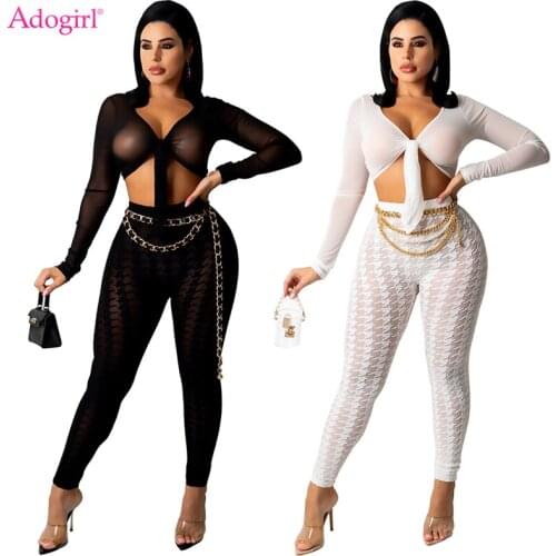 Adogirl Houndstooth Print Mesh Two Piece Set Women Sexy Clubwear Suit Lace Up Long Sleeve Shirt Crop Top Pencil Pants Outfits