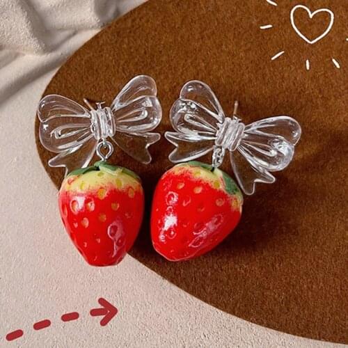 Sweety Strawberry Drop Earrings Dangle Cute Acrylic Clear Bownkot Pink Fruit Stud Earring Jewelry Lovely Korean Earings Pendent