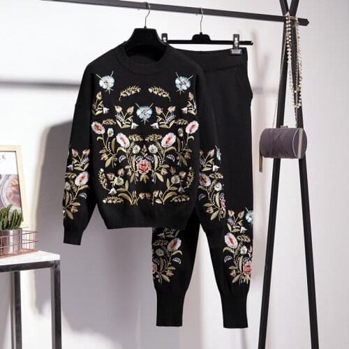 Fashion Flower embroidery Knitted Tracksuit Outfits Women O Neck Long sleeve Pullover Jumper And Pencil Pant Knitwear Casual set