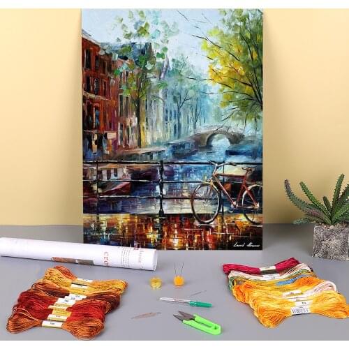 Bicycle In Amsterdam Printed 11CT Cross Stitch Set Embroidery DMC Threads Handicraft Sewing Handmade Knitting Wholesale