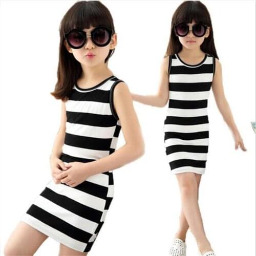 Oklady Children dressed in black clothes and white stripes 100% Cotton 3-12 years old vest dresses for teens