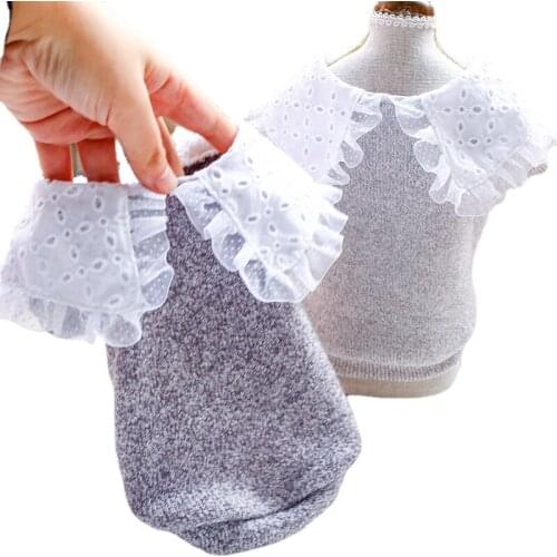 Autumn/Winter Pet Biped Clothing Retro Big Lace Collar Dog Sweater Dogs Clothes For Small Dog Cat Teddy Puppy Sweet Gray Coat